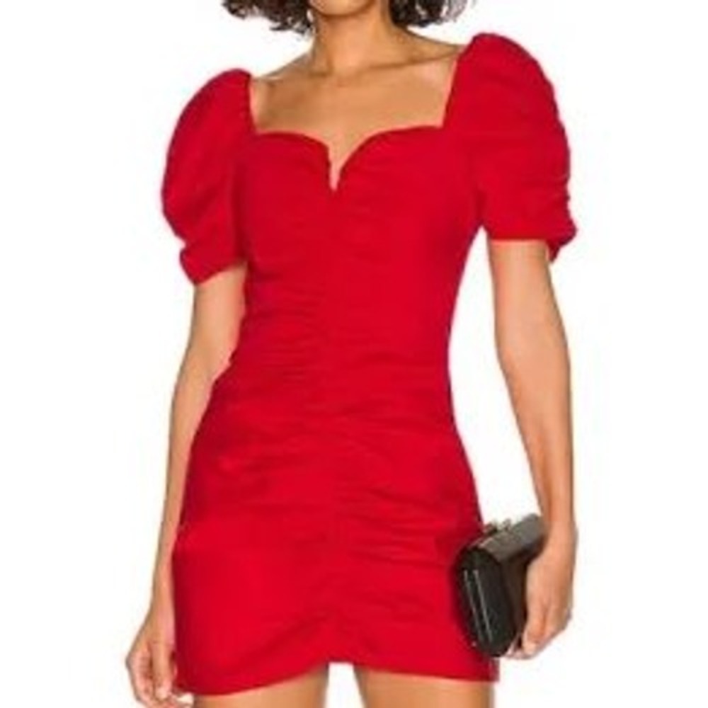 AMANDA UPRICHARD Holiday Red Ruched Romantic Party Mini Dress Puff Sleeve MEDIUM